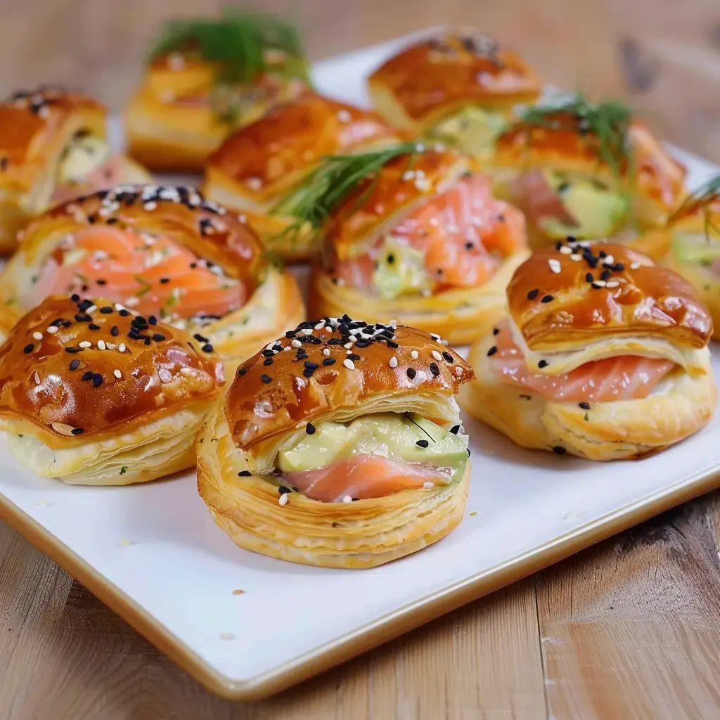 Petits feuilletés croustillants garnis de saumon et d'avocat avec une touche élégante.