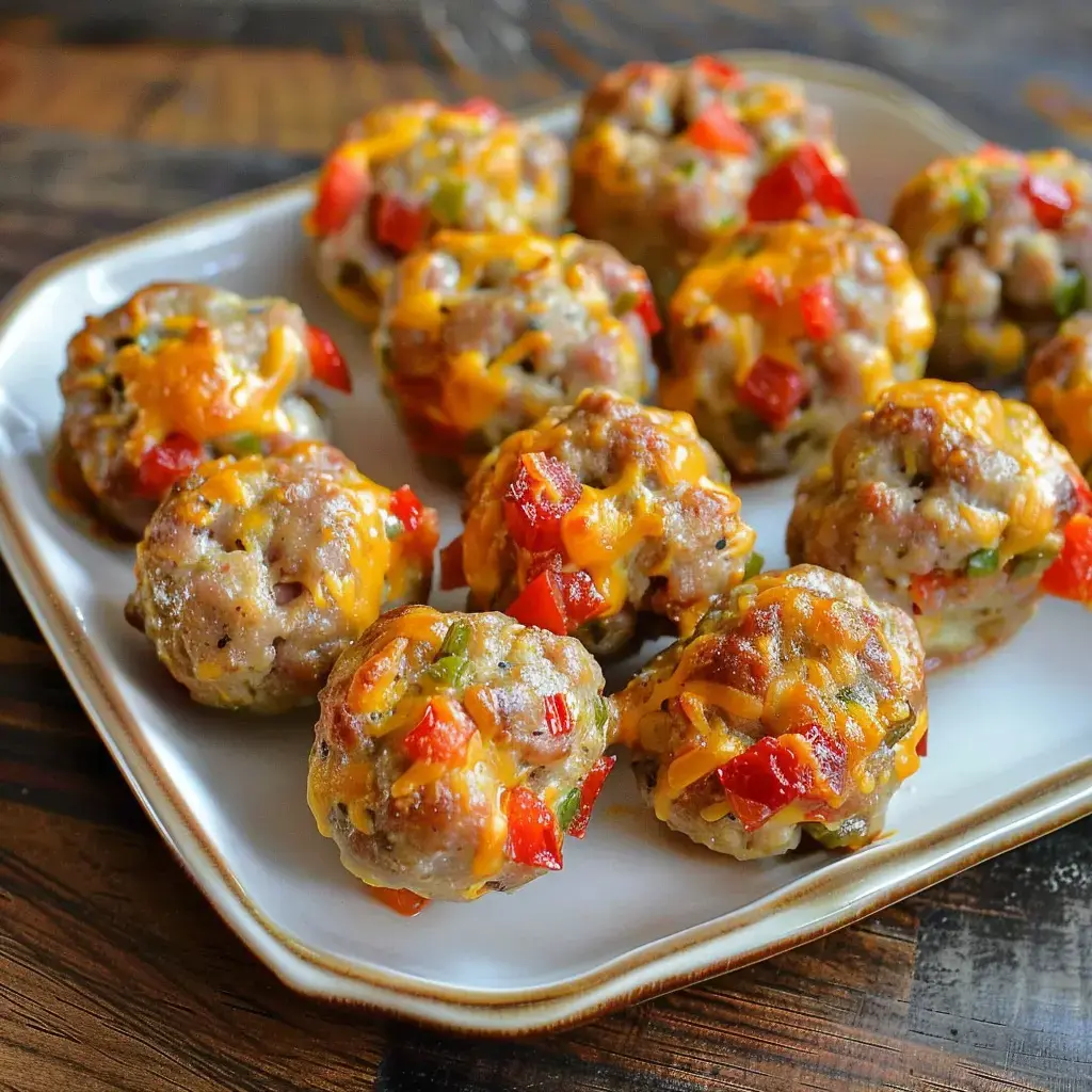 Boulettes de viande aux morceaux de poivrons et au fromage fondant servies sur une assiette.