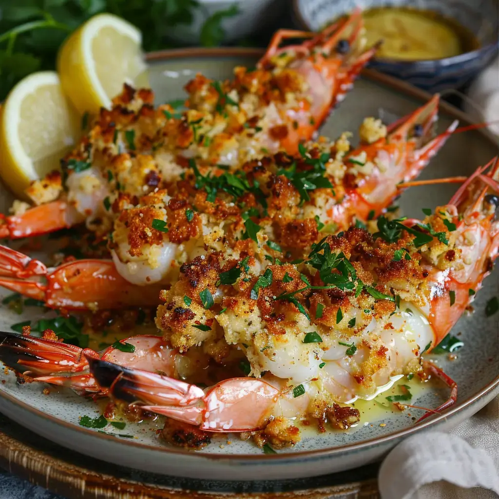 Gambas gratinées avec persil, chapelure croquante, et quartiers de citron frais.