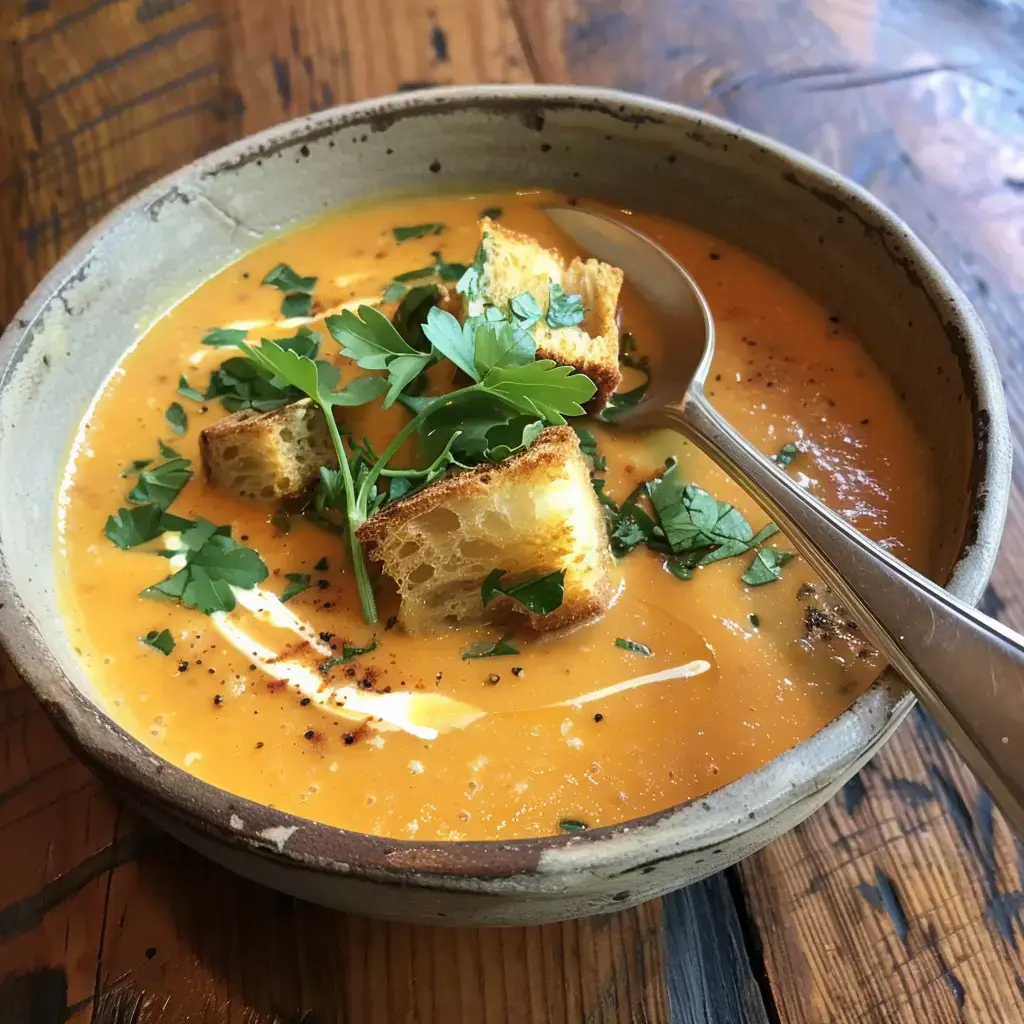 Une assiette de velouté orange, surmontée de croûtons et de persil frais, posée sur une surface en bois.