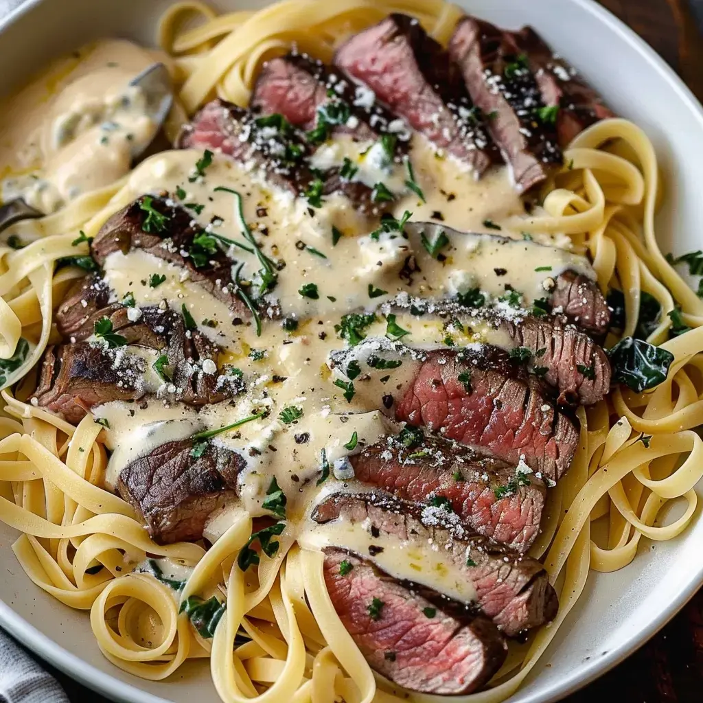 Pâtes fettuccine nappées de sauce crémeuse, tranches de steak tendre et pointe de persil sur le dessus.