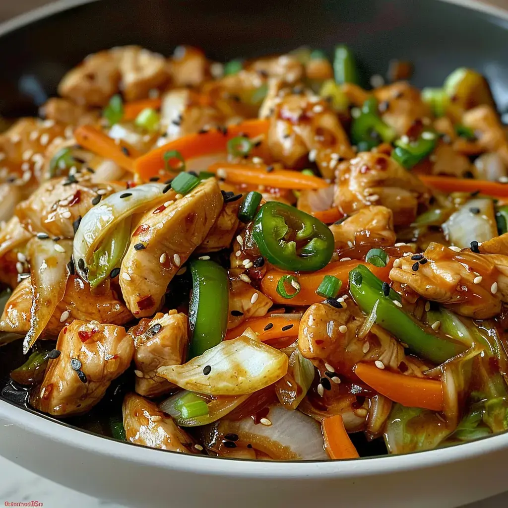 Un bol de sauté de poulet avec légumes colorés, agrémenté d’une sauce parfumée et de graines de sésame.