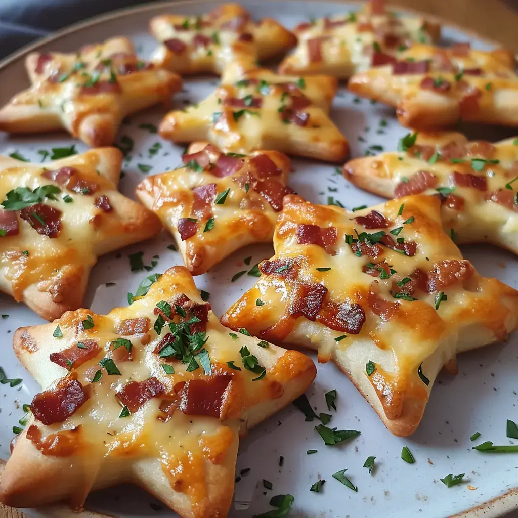 Étoiles de pâte dorée garnies de crème, fromage et morceaux de lardons. Parsemer de persil frais.