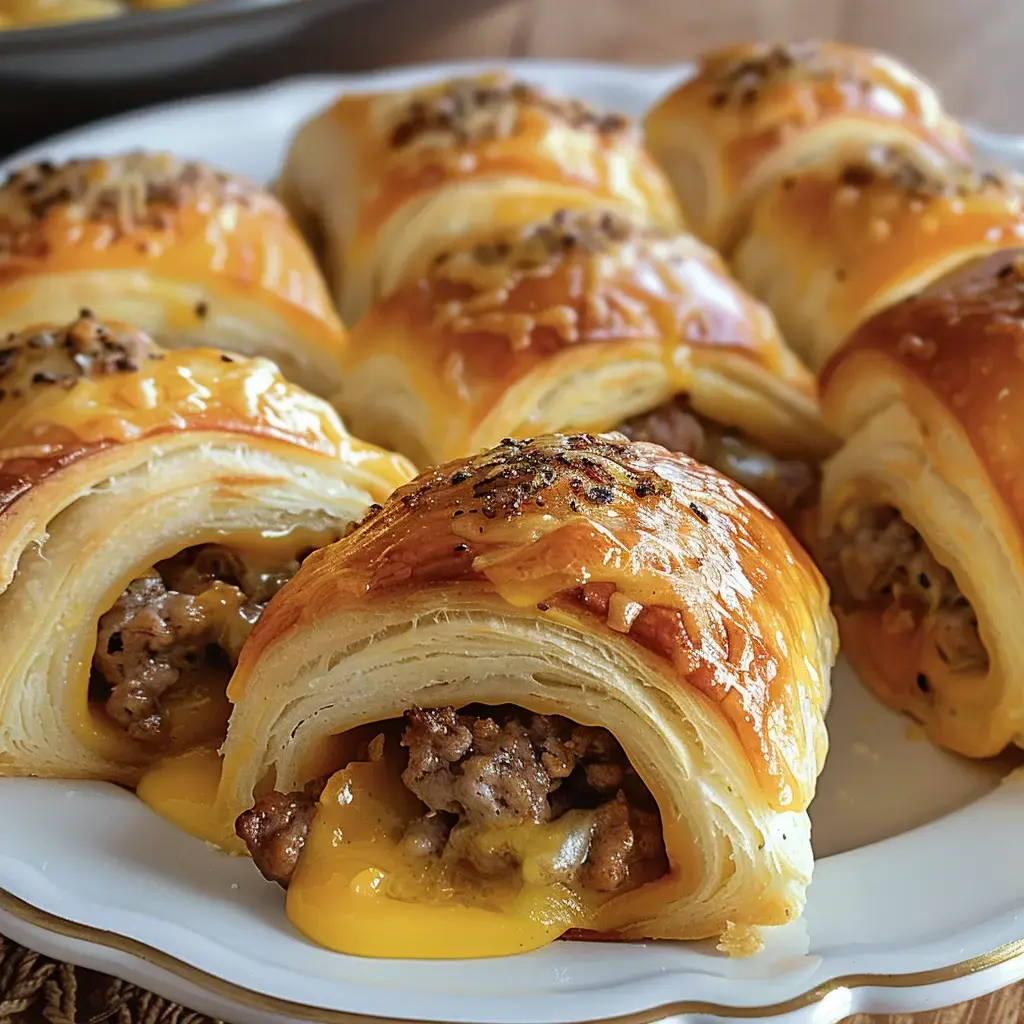 Petits roulés dorés garnis de fromage fondu et de saucisson.