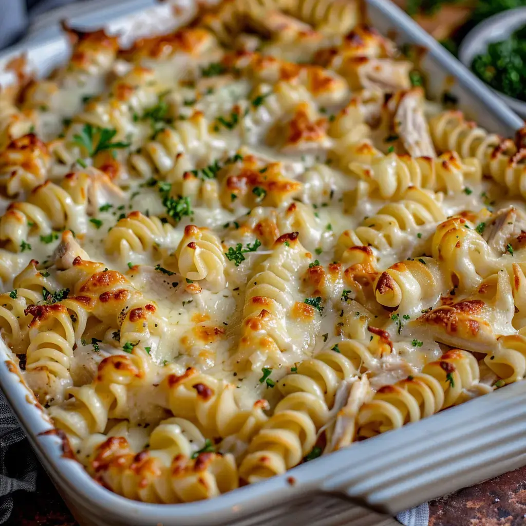 Plat au four avec fromage doré et persil sur le dessus.