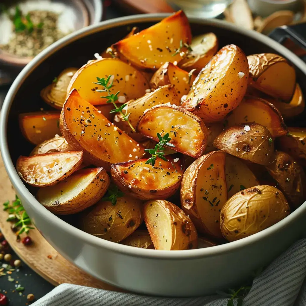 Bol de patates dorées garnies d'herbes fraîches et d'assaisonnements.