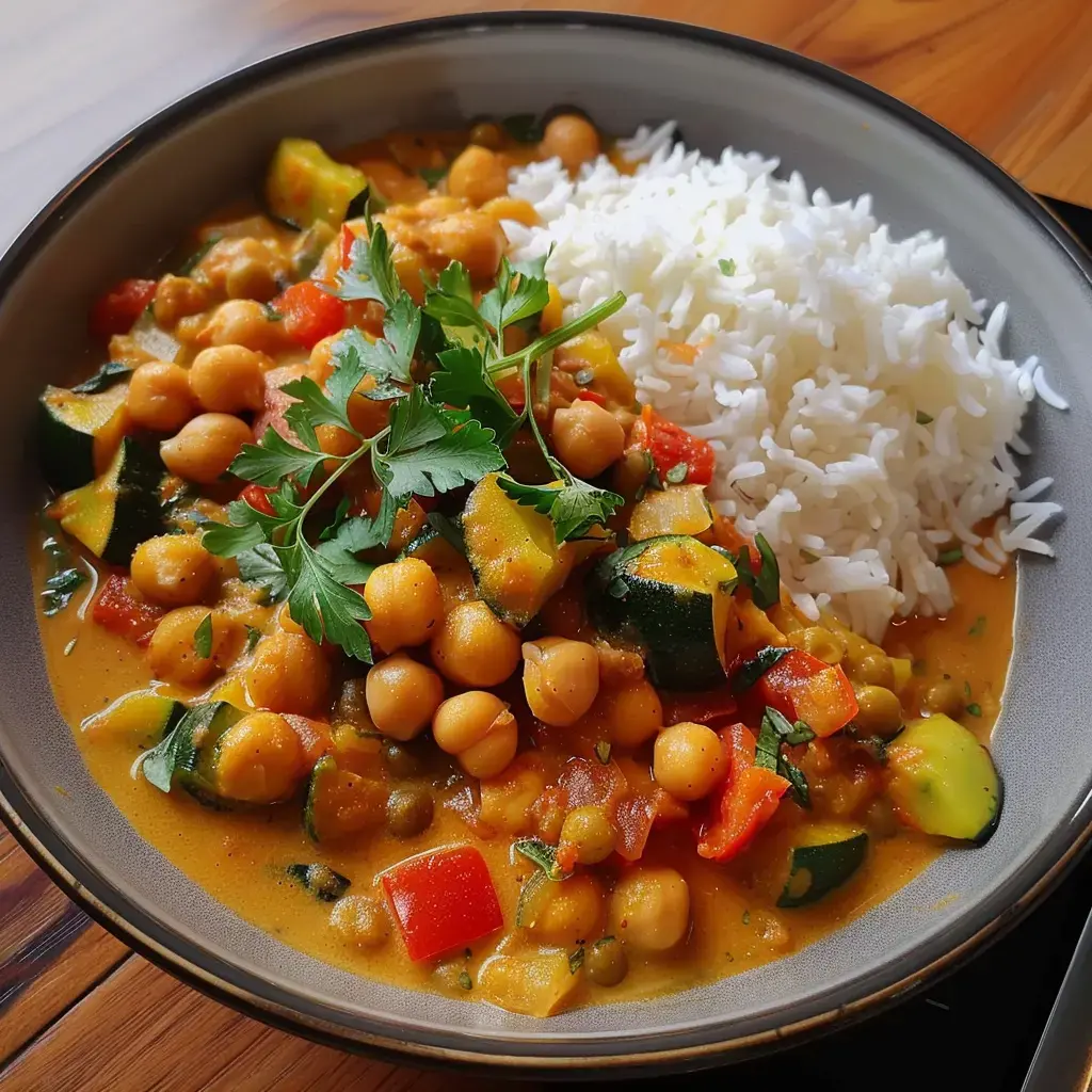 Bol de pois chiches au lait de coco et légumes, servi avec du riz blanc et garni de coriandre fraîche.