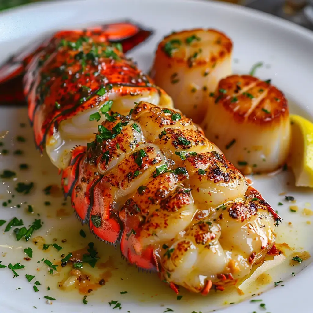 Homard grillé, noix de Saint-Jacques dorées et rondelles de citron décorées d’un peu de persil frais.