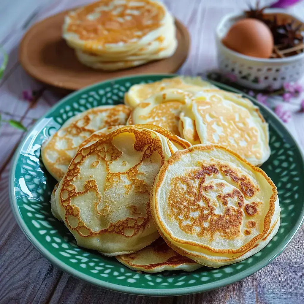 Une pile de blinis dorés accompagnés d’un œuf et de quelques épices sur une table rustique.