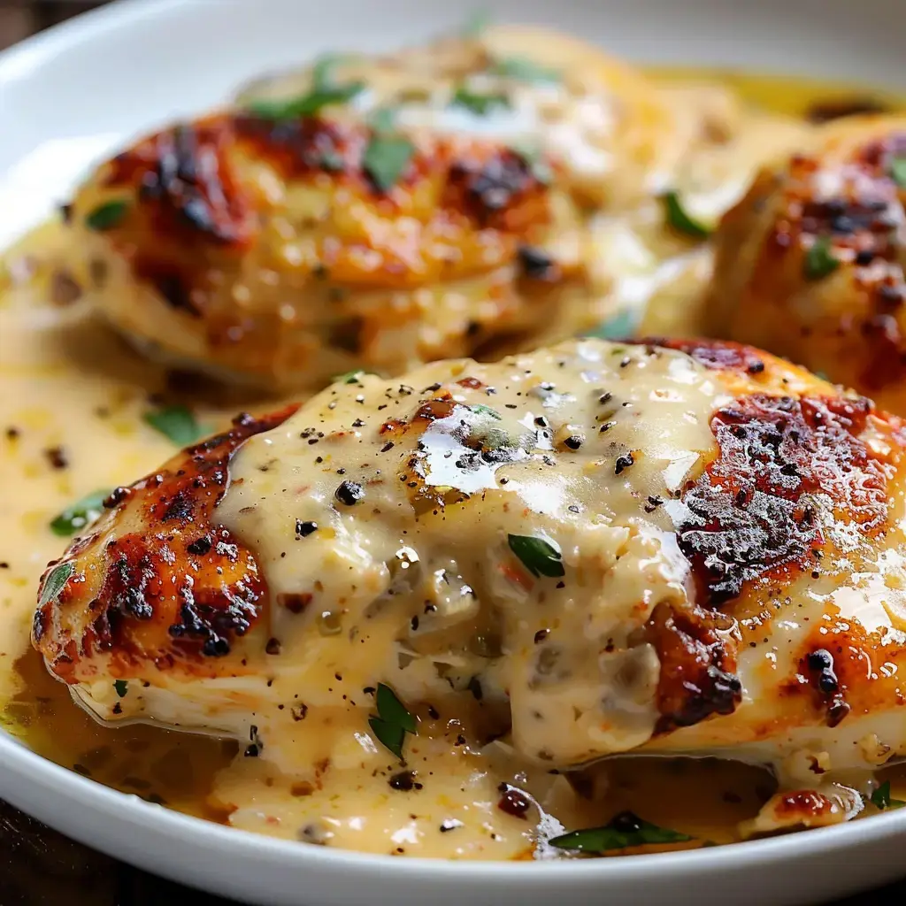 Poulet servi avec une sauce onctueuse et des herbes fraîches.