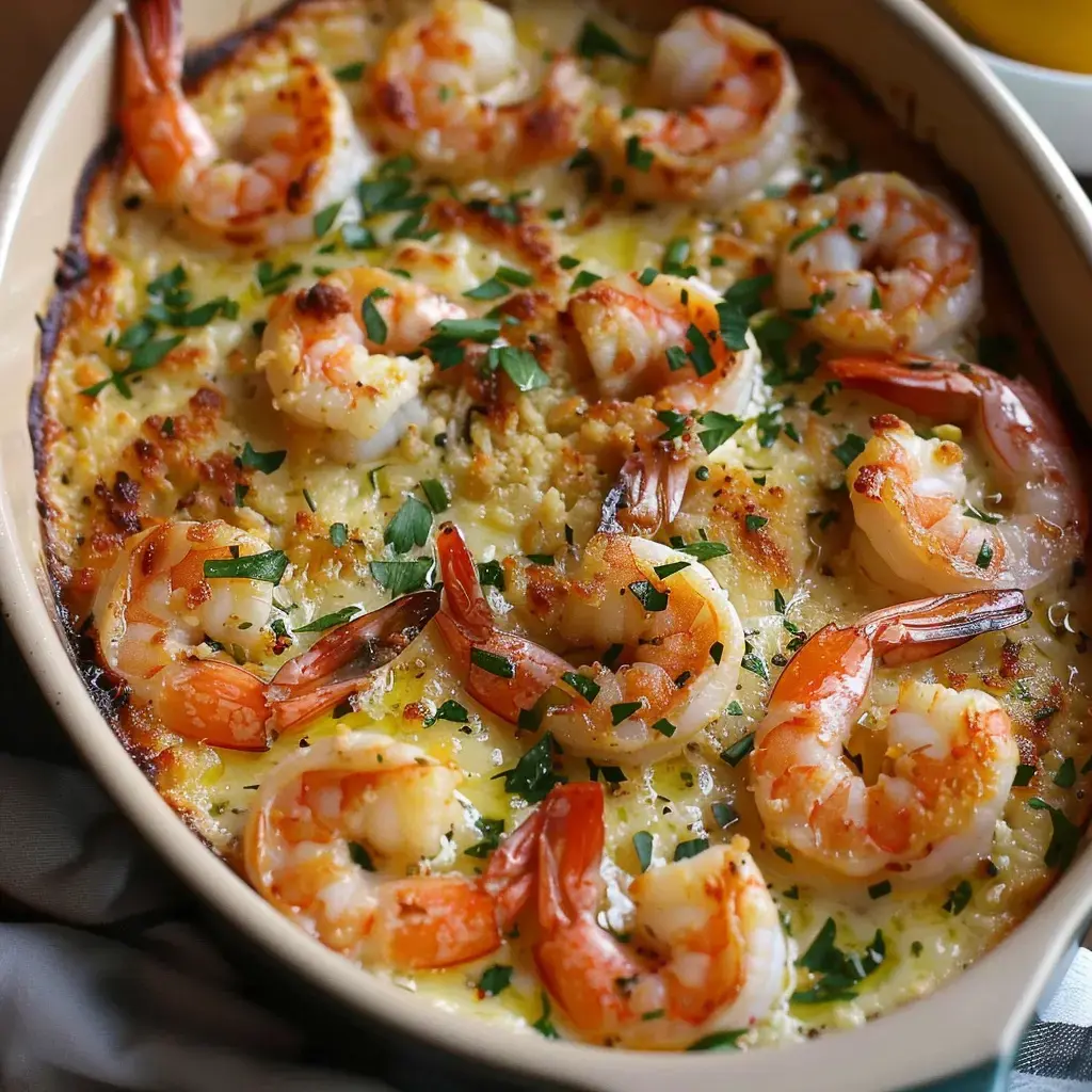 Crevettes rôties avec chapelure croustillante et persil frais dans un plat au four.