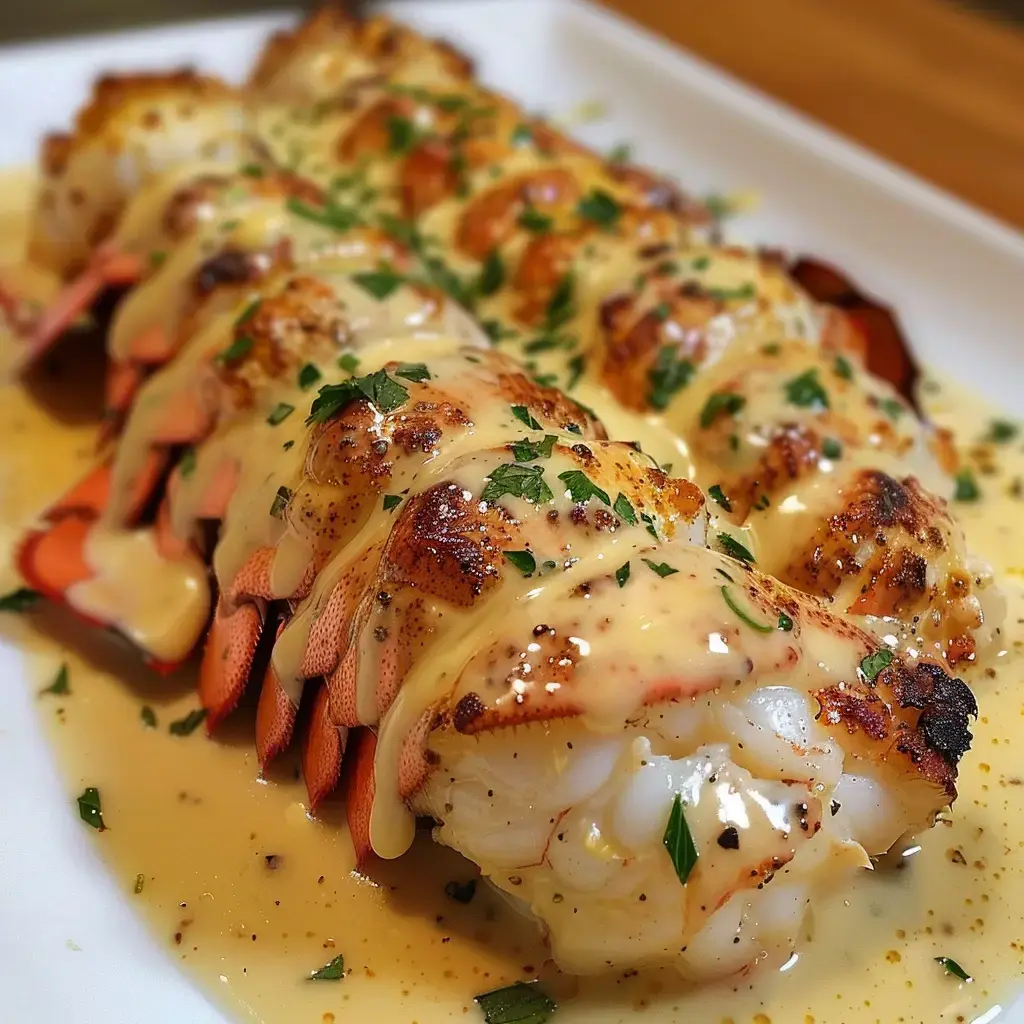 On voit des queues de homard grillées, arrosées d'une sauce onctueuse, quelques touches de persil par-dessus.