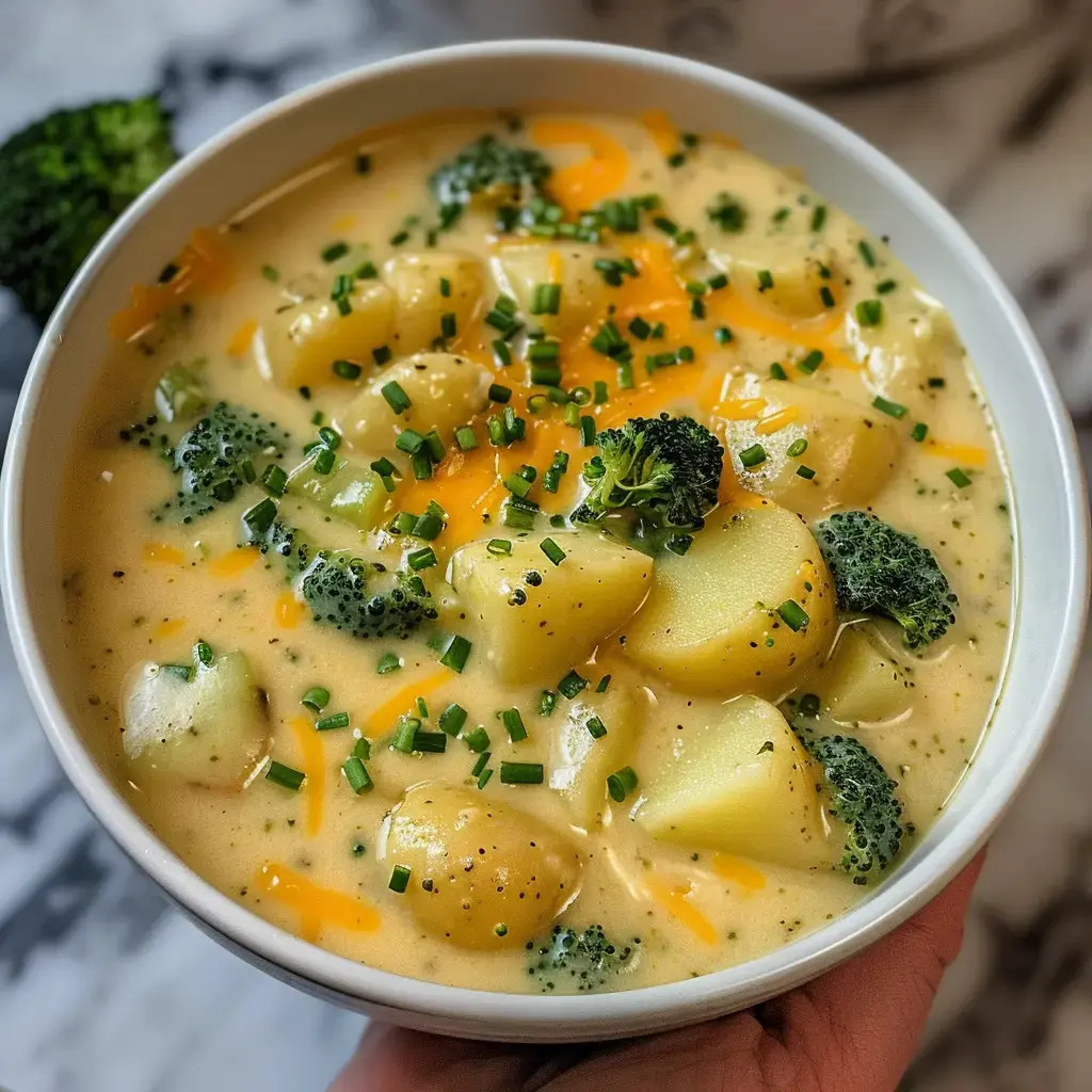 Un bol de velouté onctueux pommes de terre et brocoli, parsemé de cheddar et fines herbes.