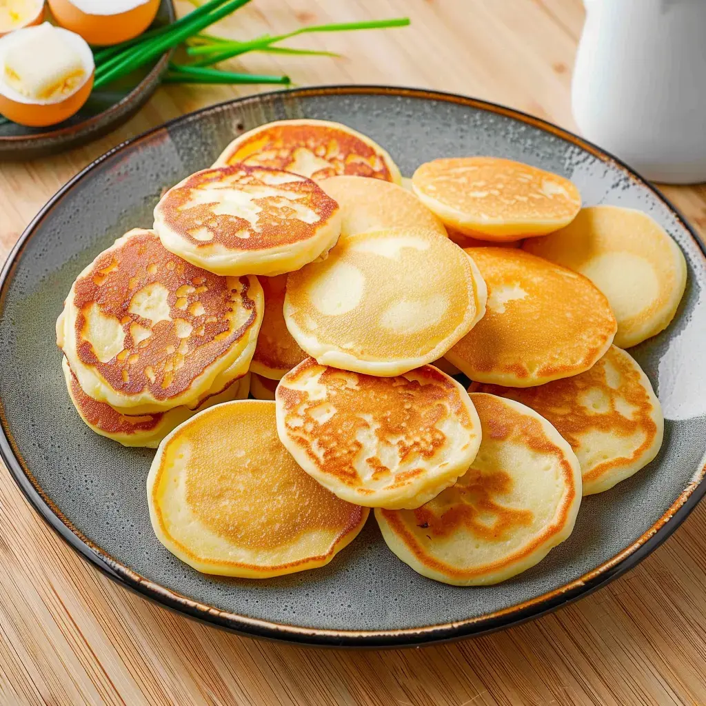 Des blinis dorés joliment posés sur une table en bois.
