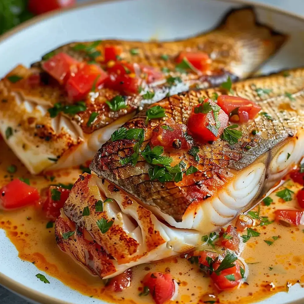 Filets de poisson dorés avec des poivrons et tomates frais, servis sur une assiette.