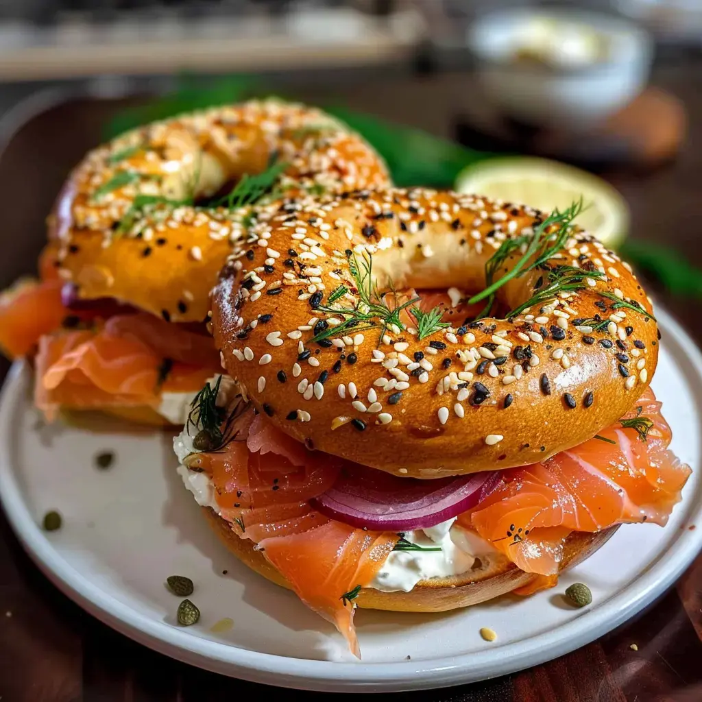 Bagels gourmands au saumon fumé, fromage crémeux, oignons rouges et herbes, servis joliment sur une assiette.