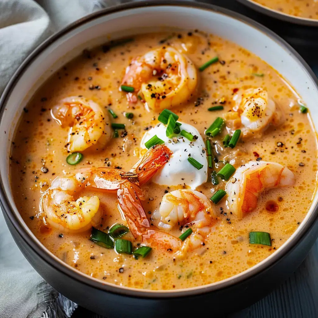Une soupe onctueuse avec des crevettes, décorée de crème fraîche et d'oignons verts.