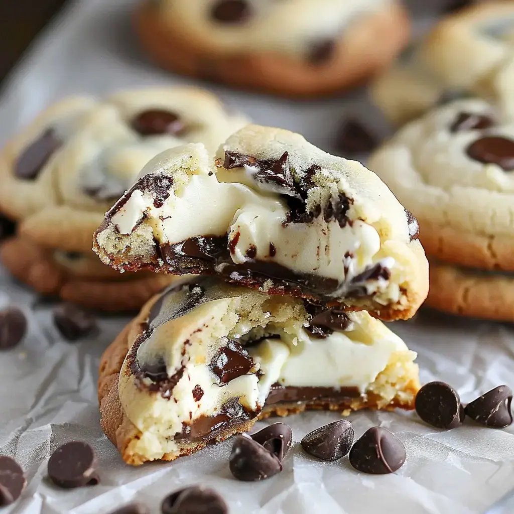Un cookie gourmand au chocolat et à la crème, joliment tranché pour dévoiler son cœur fondant.