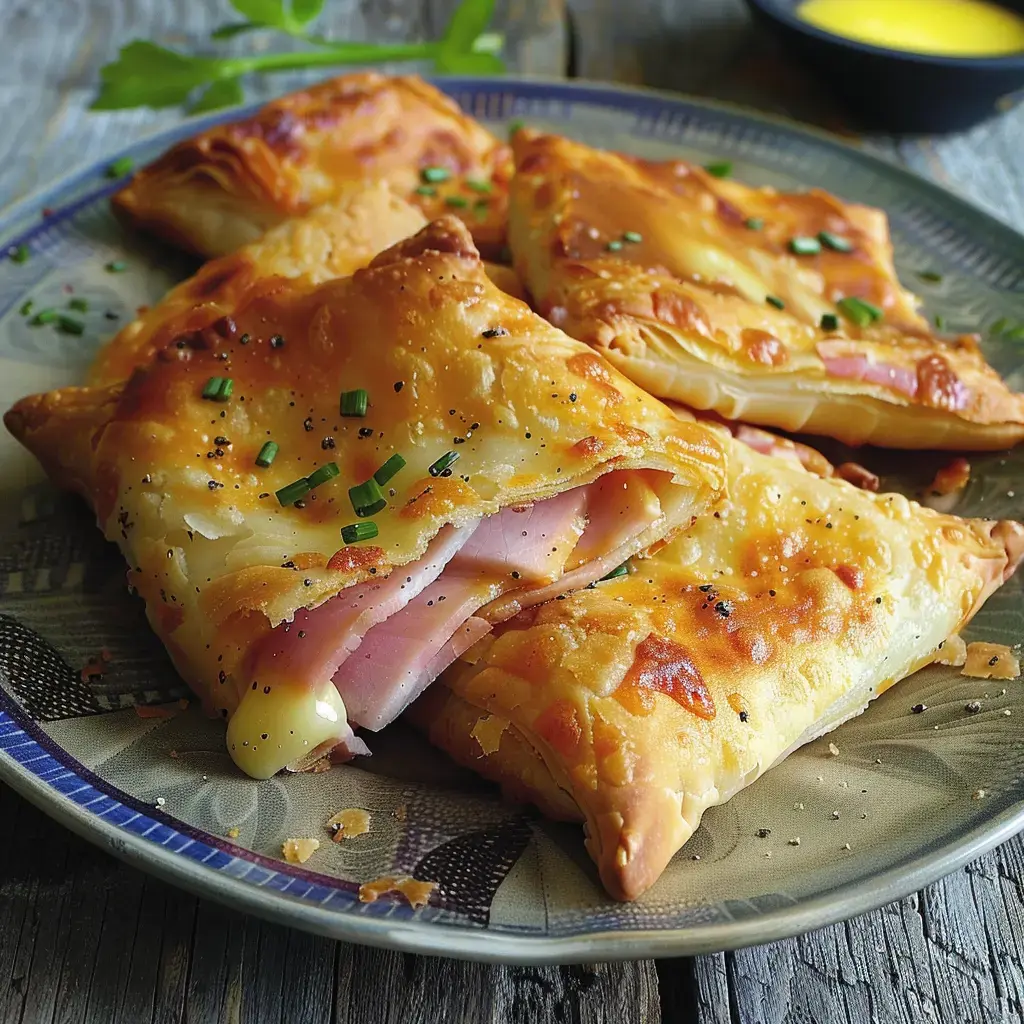 Quatre croustillants aux jambon et fromage sur une assiette avec de la ciboulette en décoration.