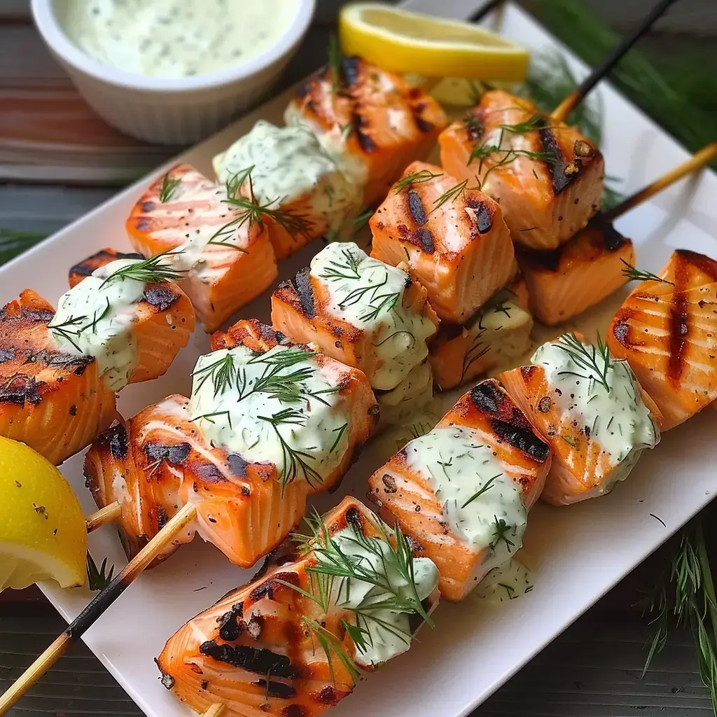 Saumon sur brochette grillé, nappé de crème au yaourt et d’aneth, des citrons autour.