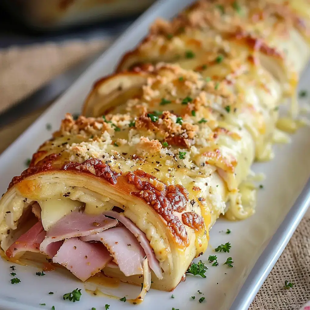 Rouleau doré garni de jambon et fromage fondu, rehaussé de persil et servi sur une assiette.