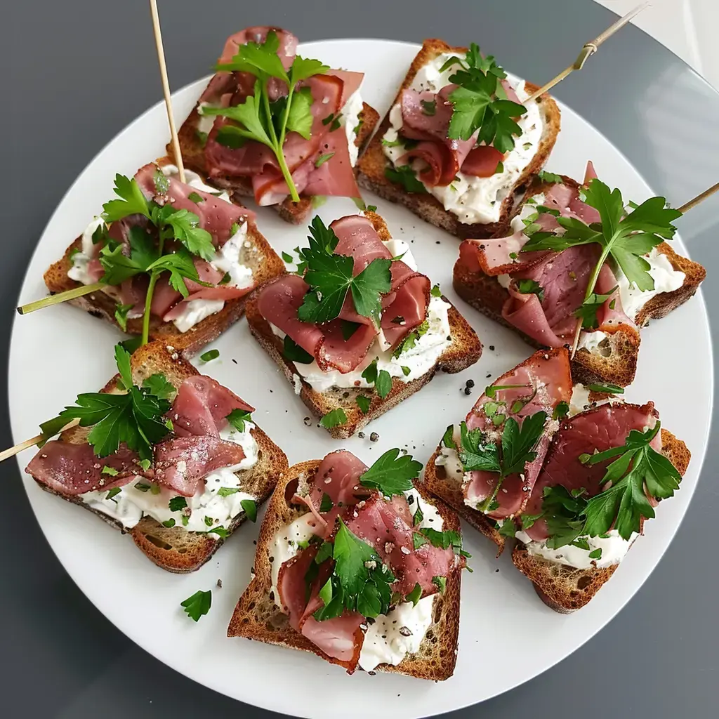 Des toasts élégants garnis de fromage et de magret, décorés de persil frais.