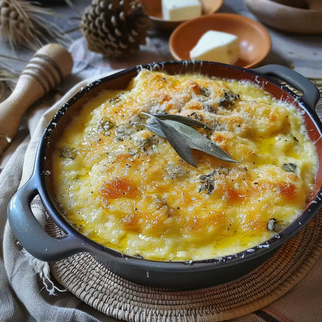 Polenta gratinée avec du gorgonzola, dorée au four, accompagnée de feuilles de salade.