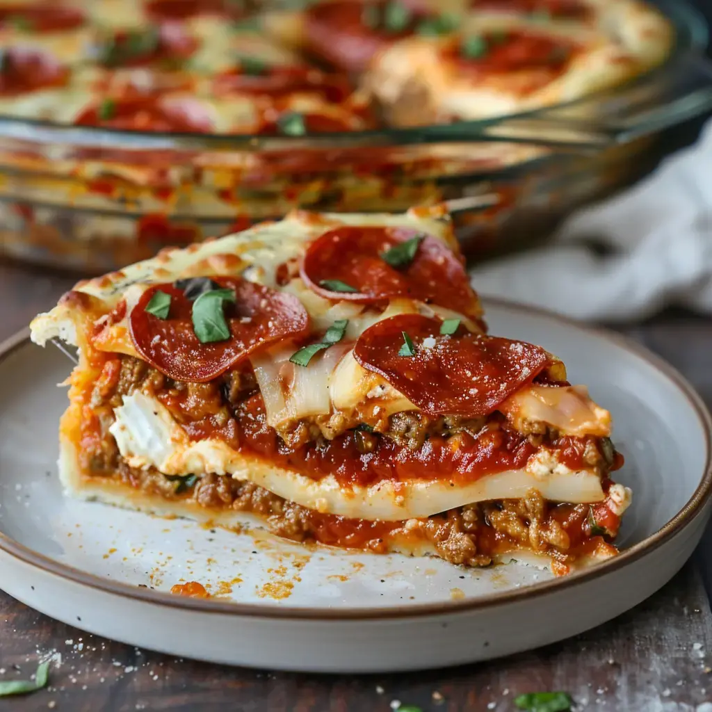 Une portion de tarte feuilletée au pepperoni et fromage, présentée sur une assiette avec le plat en arrière-plan.