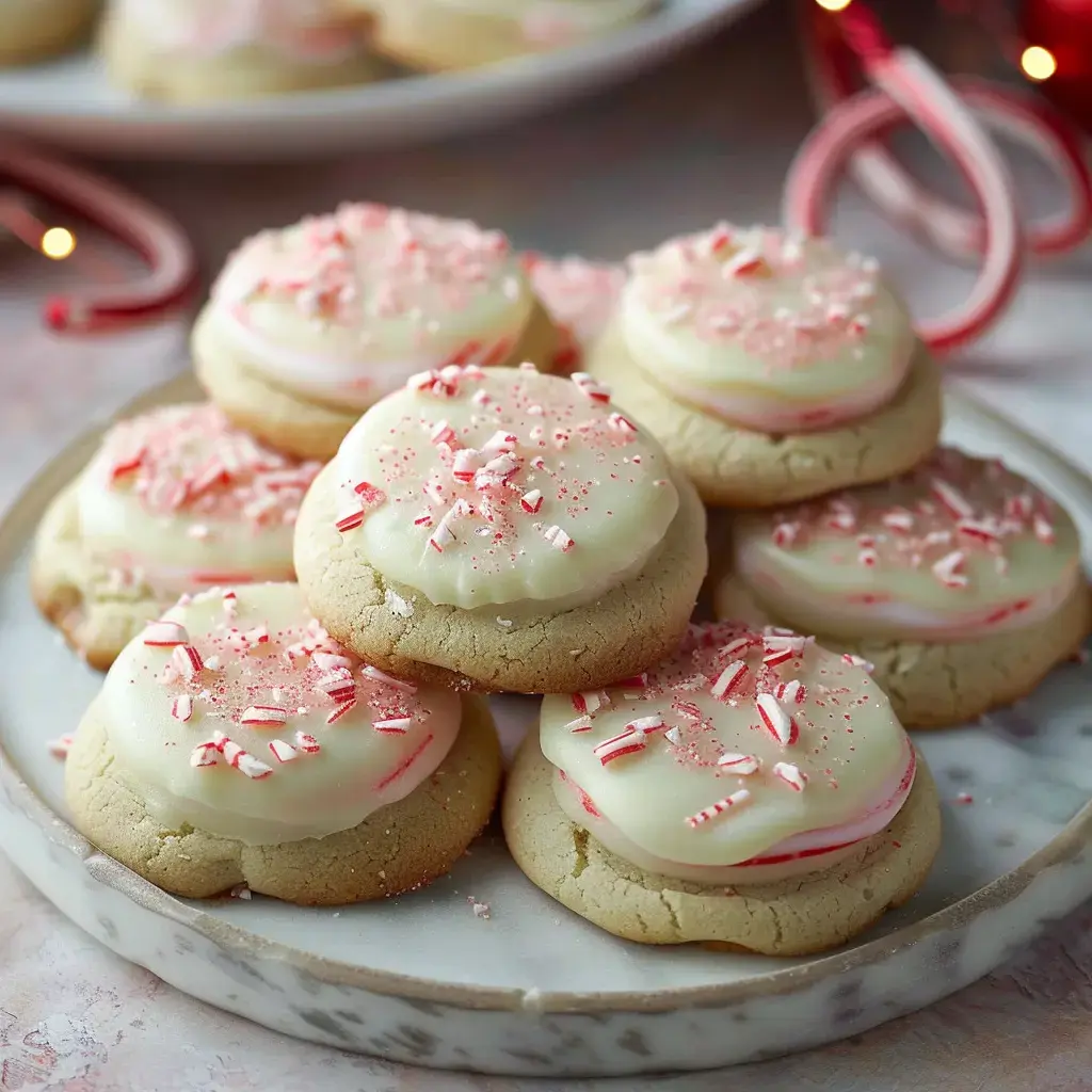 Des biscuits gourmands avec glaçage blanc et éclats de menthe poivrée, joliment posés sur une assiette.