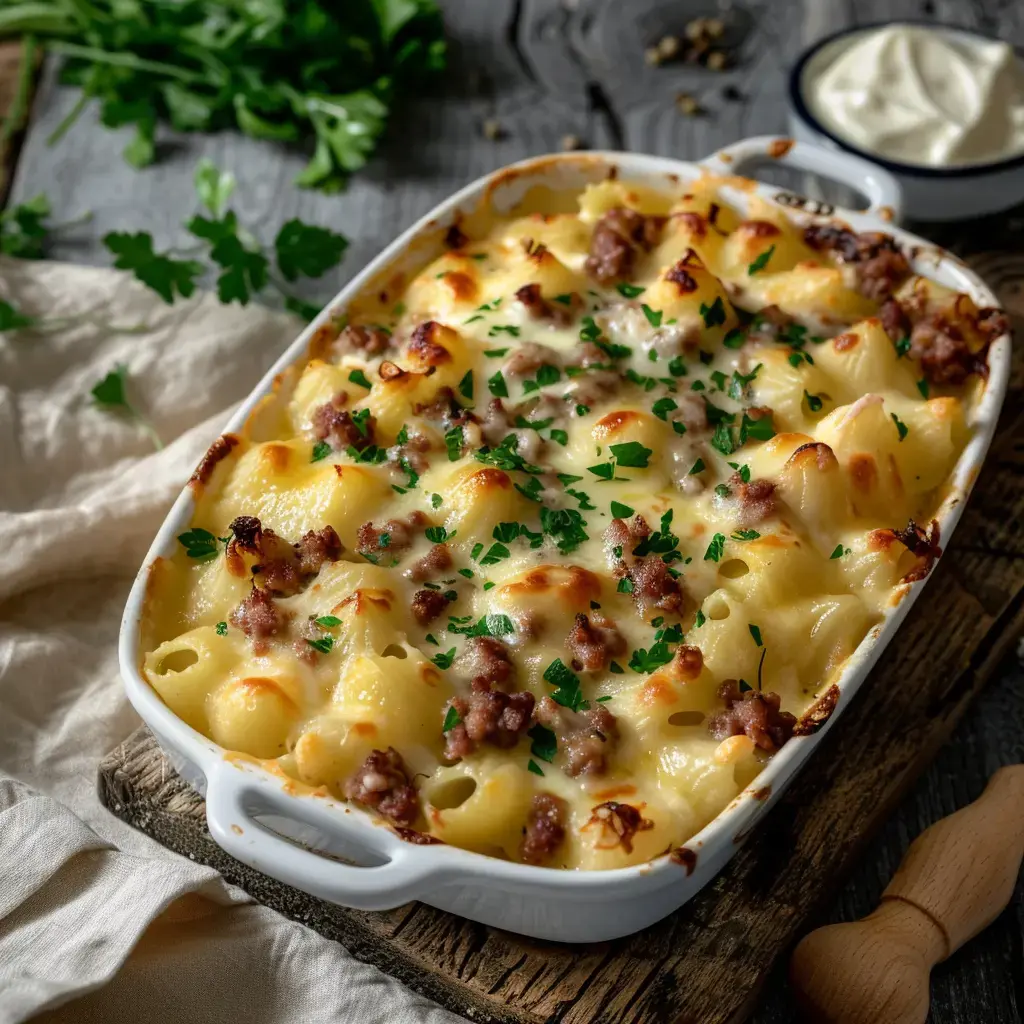 Un gratin fumant de pâtes crémeuses avec du bœuf haché et de la raclette dorée, parsemé d'herbes fraîches.