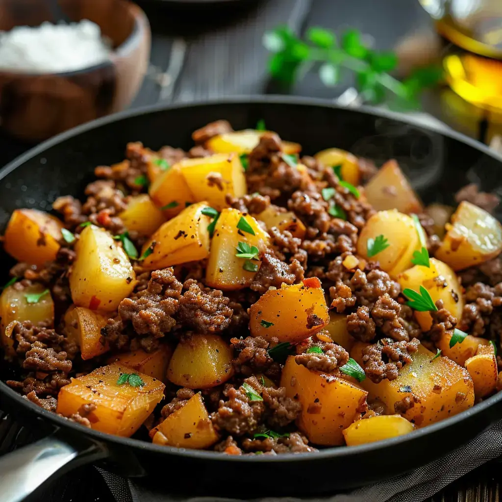 Un sauté de viande hachée avec patates assaisonnées, parsemé de persil frais, servi directement dans la poêle.