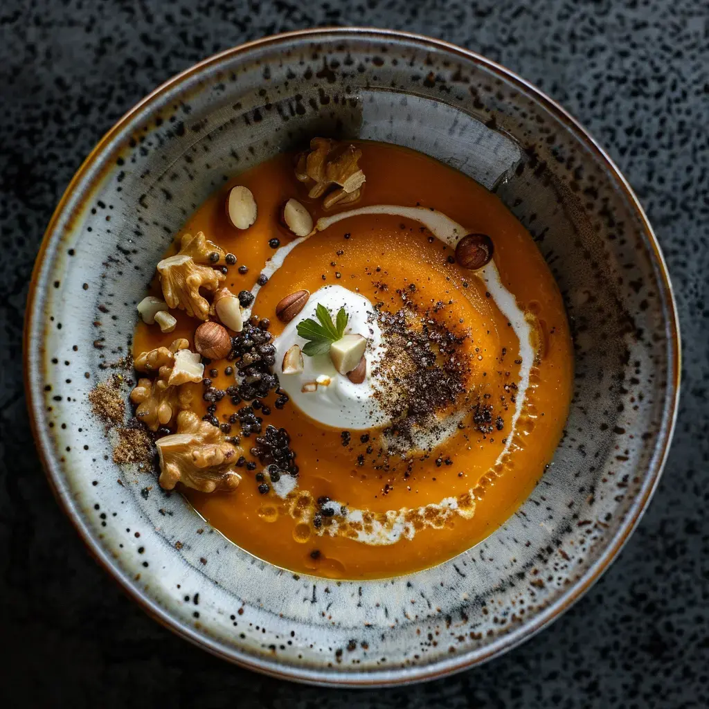 Bol contenant une soupe orange crémeuse, décorée de crème, de noisettes et d'épices, sur un fond élégant.
