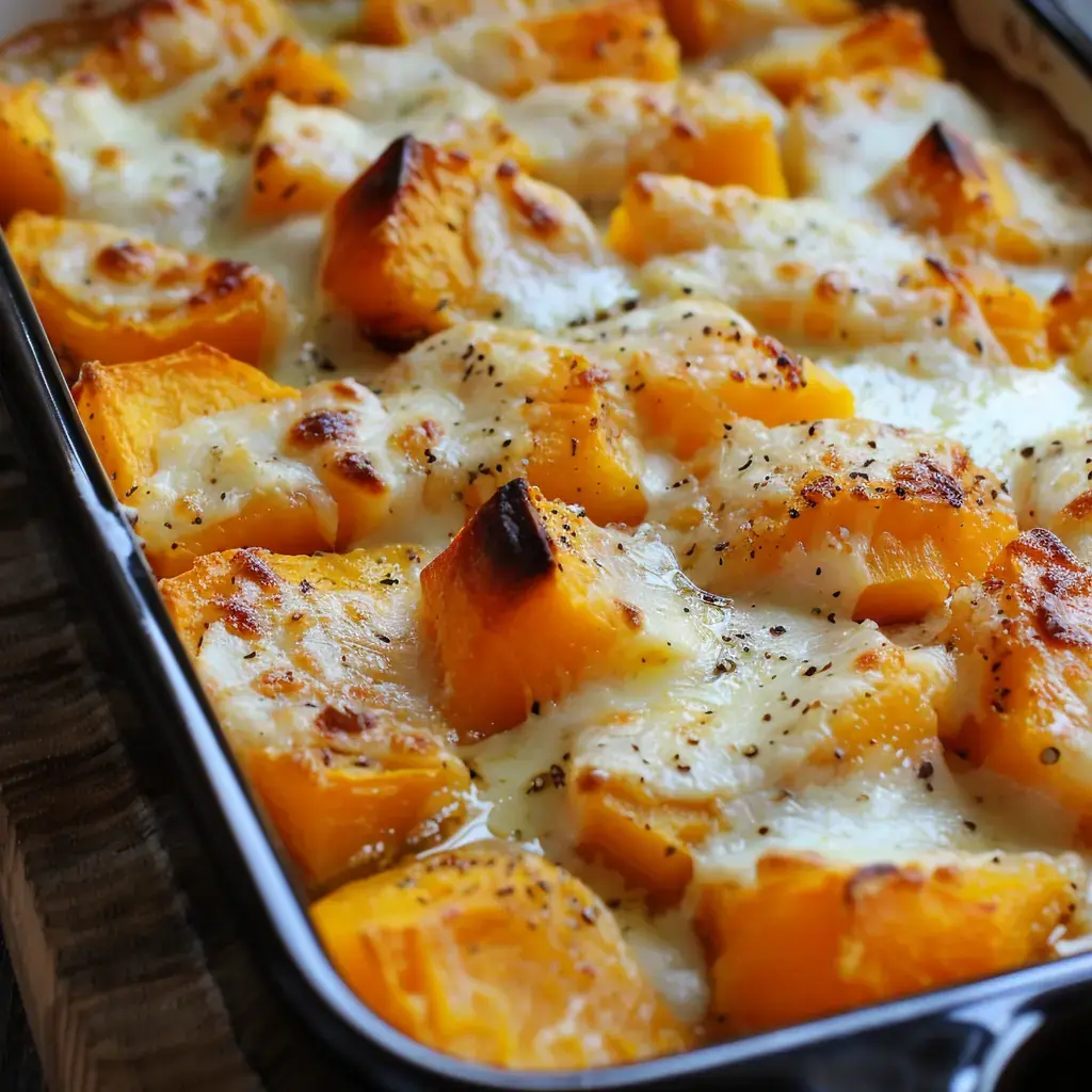 Un gratin doré au potimarron et fromage fondant, parsemé d’épices.