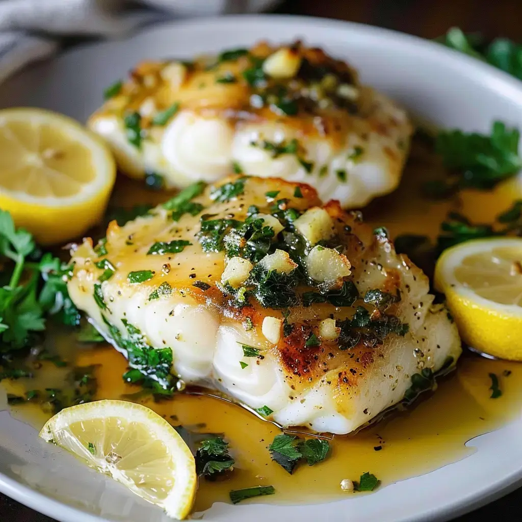 Filets de poisson dorés avec herbes et citron sur une assiette.