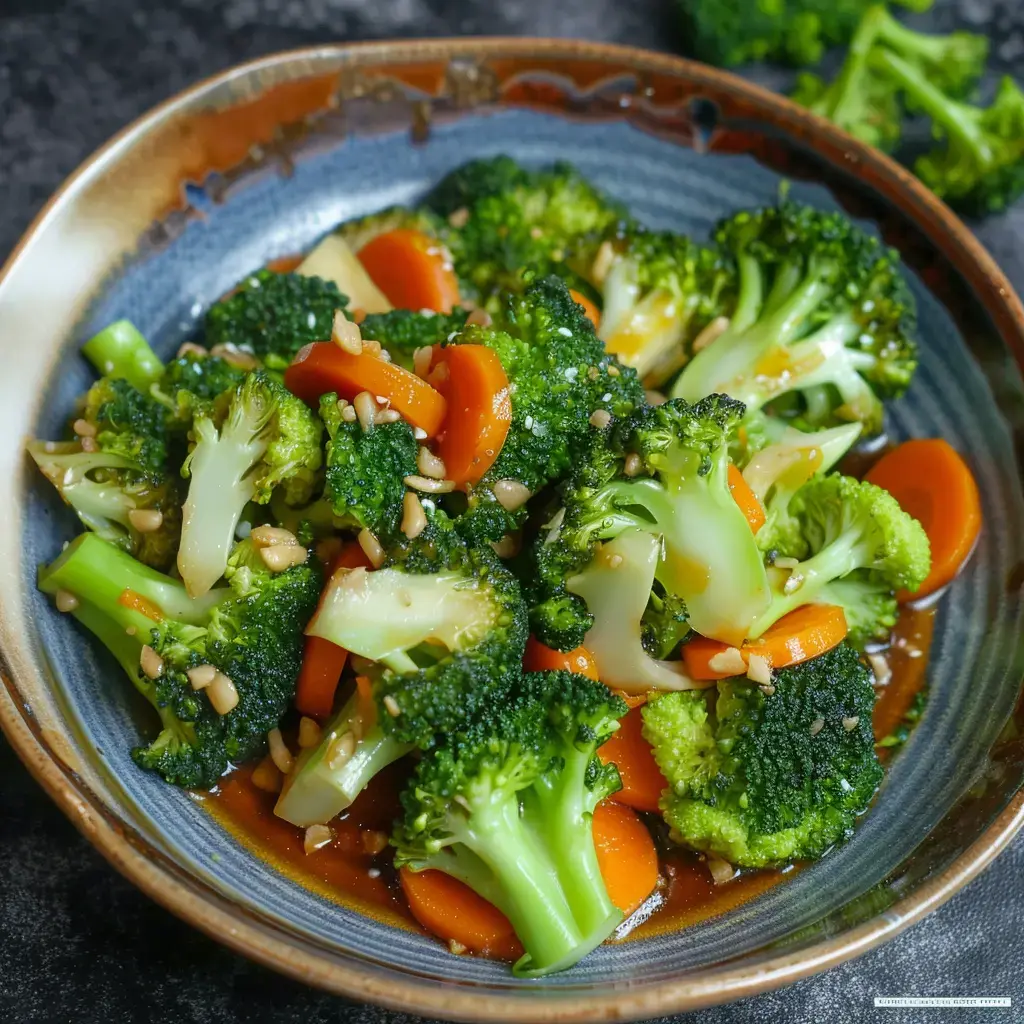 Un assortiment de brocolis et carottes dans leur sauce, décorés de noix.