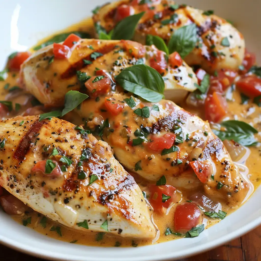 Morceaux de poulet dorés dans une sauce onctueuse à la tomate, parsemés d'herbes fraîches.