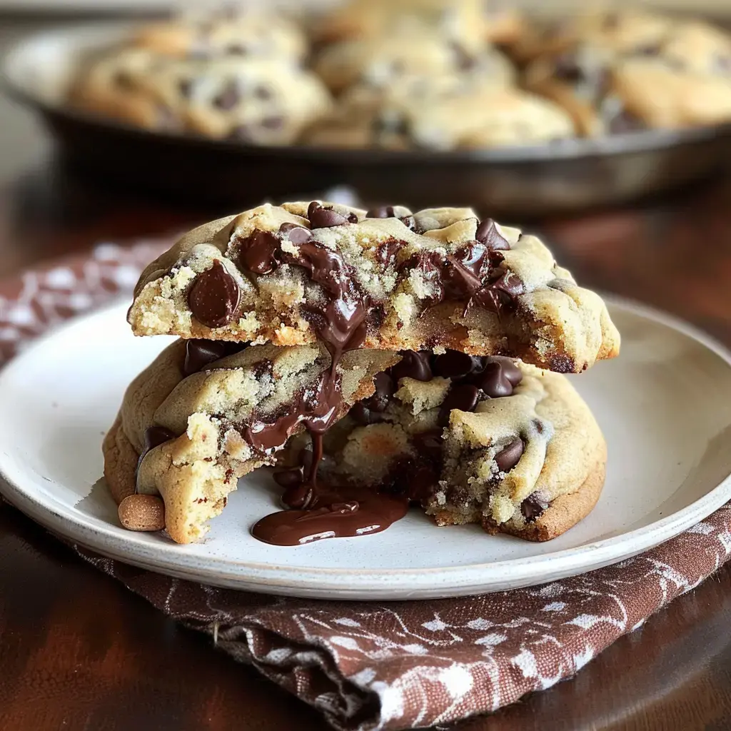 Cookies moelleux avec des pépites de chocolat fondant dessus, présentés sur une assiette.