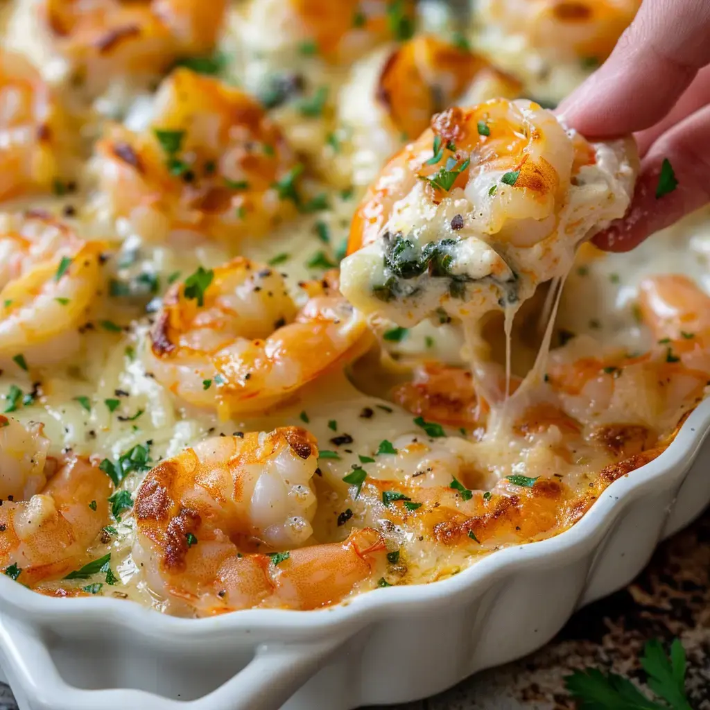 Gratin au fromage fondu avec crevettes et persil frais, prêt à déguster.