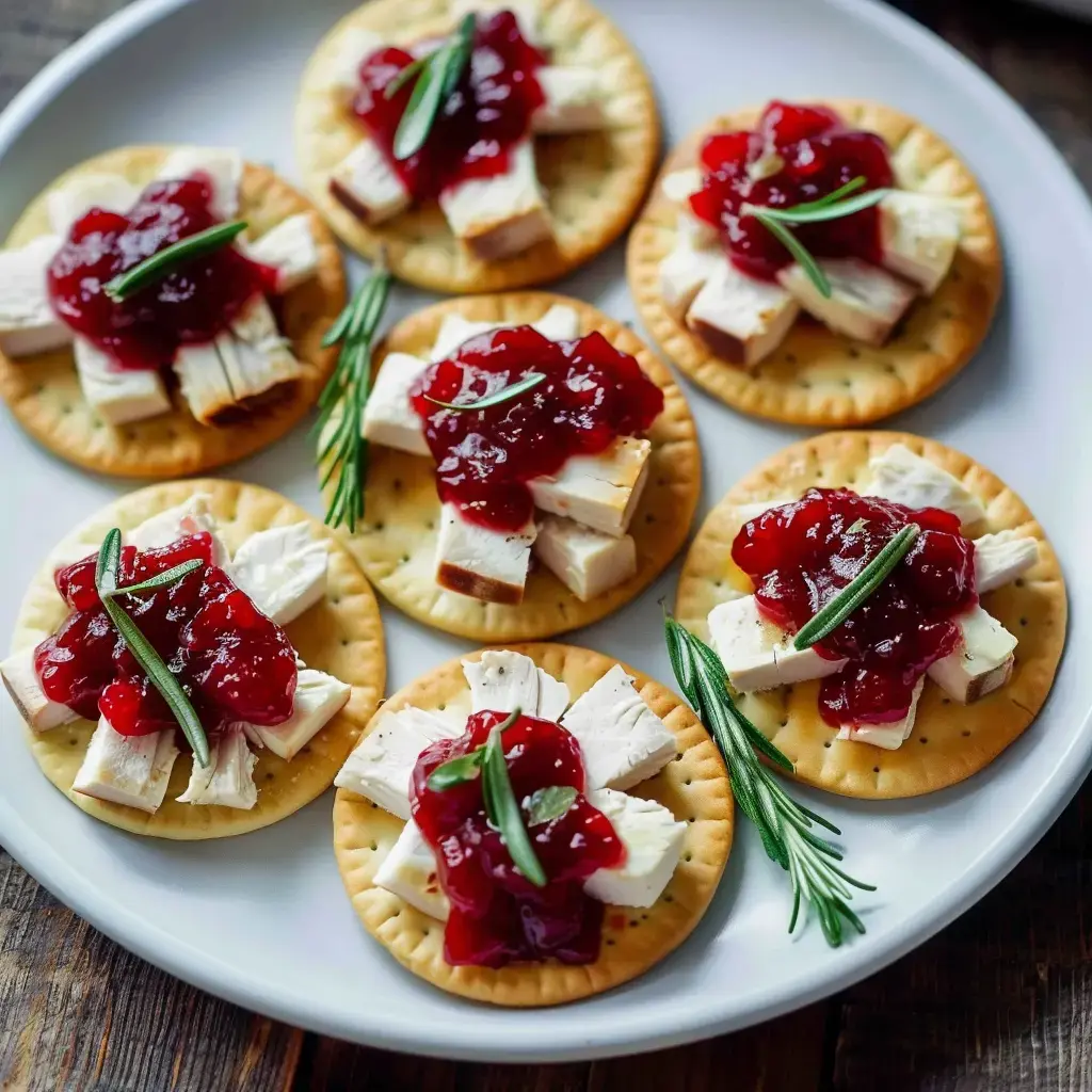 Crackers garnis de dinde, confiture rouge et romarin.