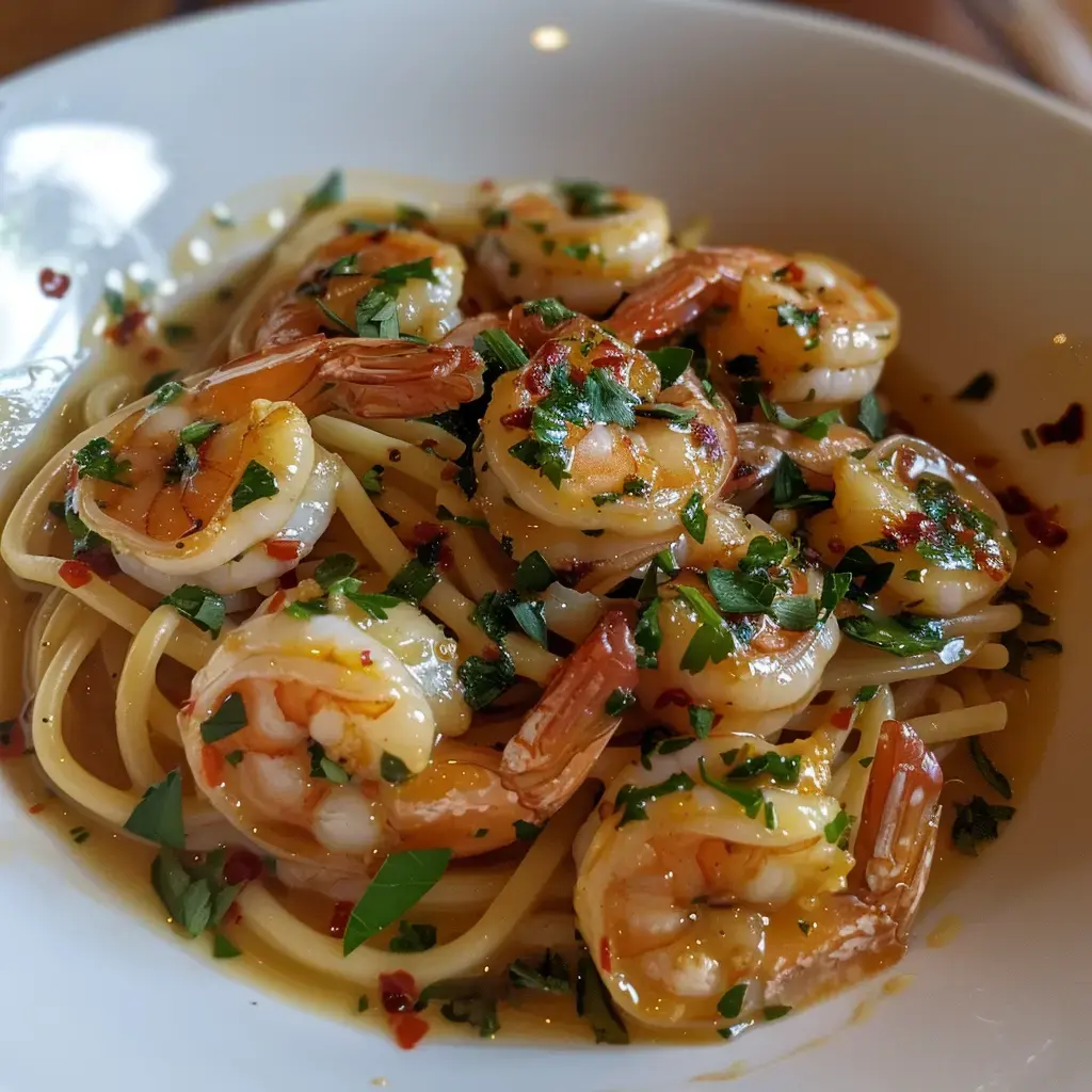 Un plat de crevettes sur pâtes décoré de persil et de piment.