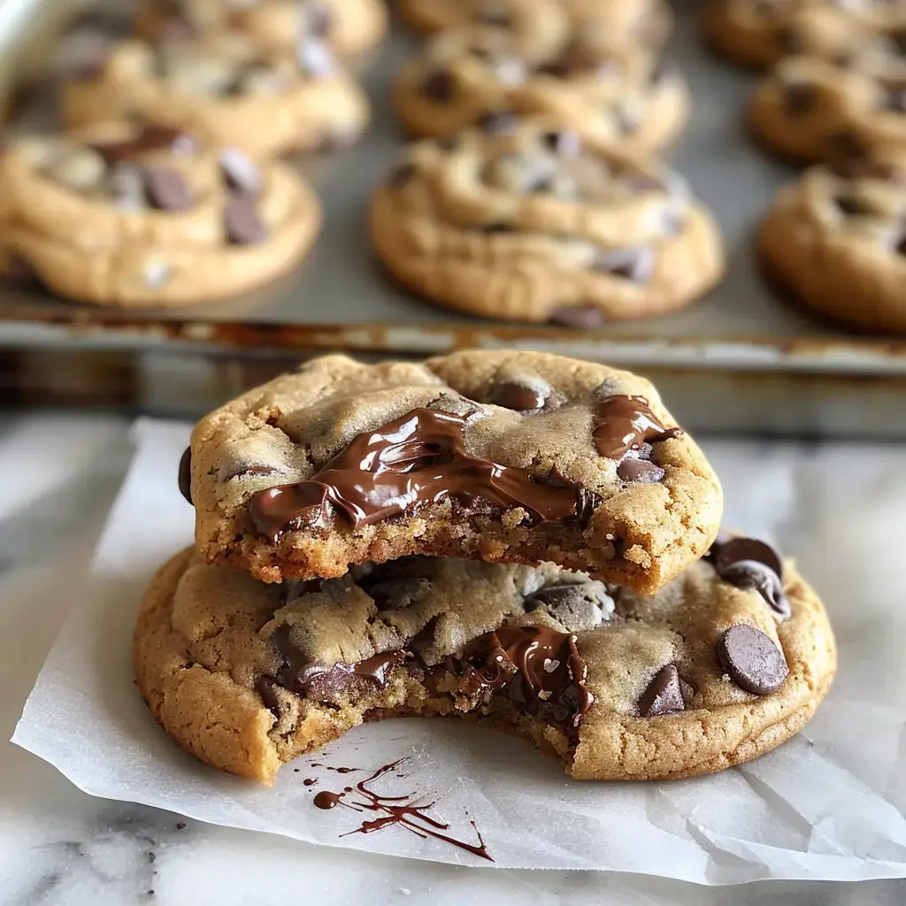Biscuits moelleux chocolatés avec cœur fondant, empilés et un cookie croqué révélant son centre au chocolat.