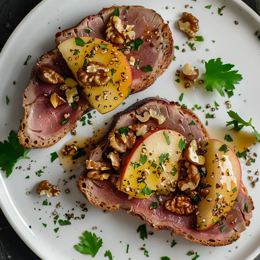 Deux tartines généreuses garnies de magret fumé, pommes caramélisées et fromage, servies sur une assiette.
