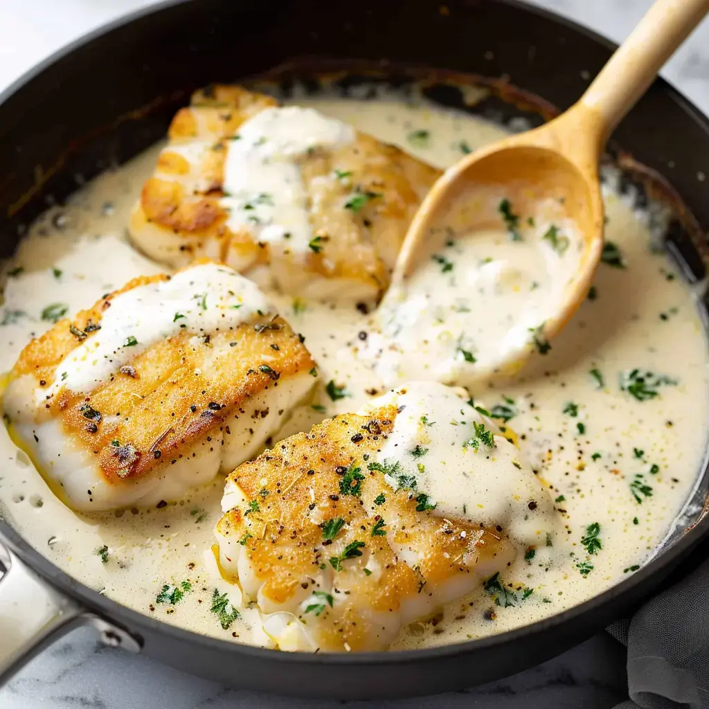 Morue cuite dans une sauce crémeuse, parsemée de persil et servie dans une poêle métallique.
