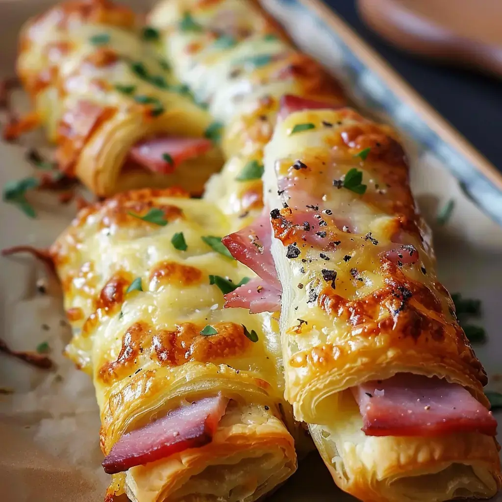 De délicieux feuilletés dorés au jambon et fromage, saupoudrés de persil.