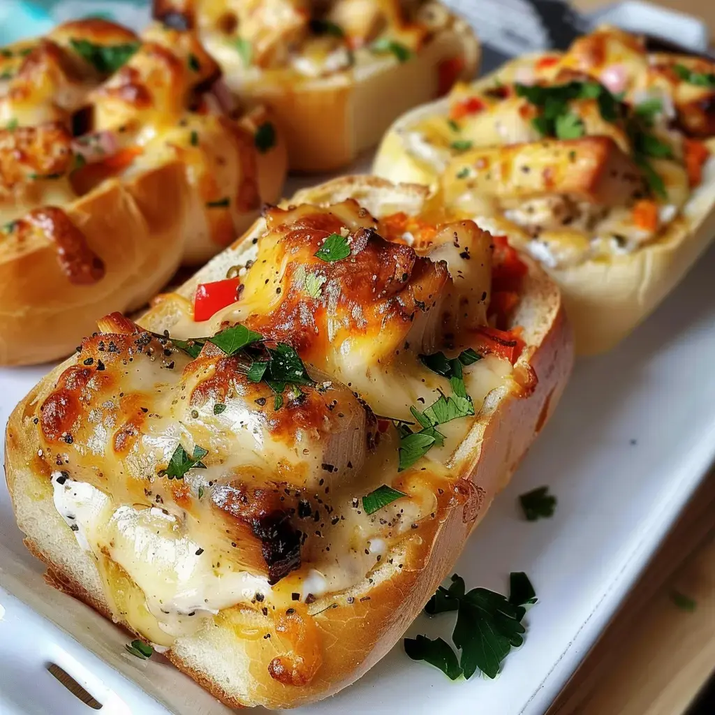 Petits pains croustillants garnis de poulet, de fromage fondant et de légumes, avec une touche de persil frais.