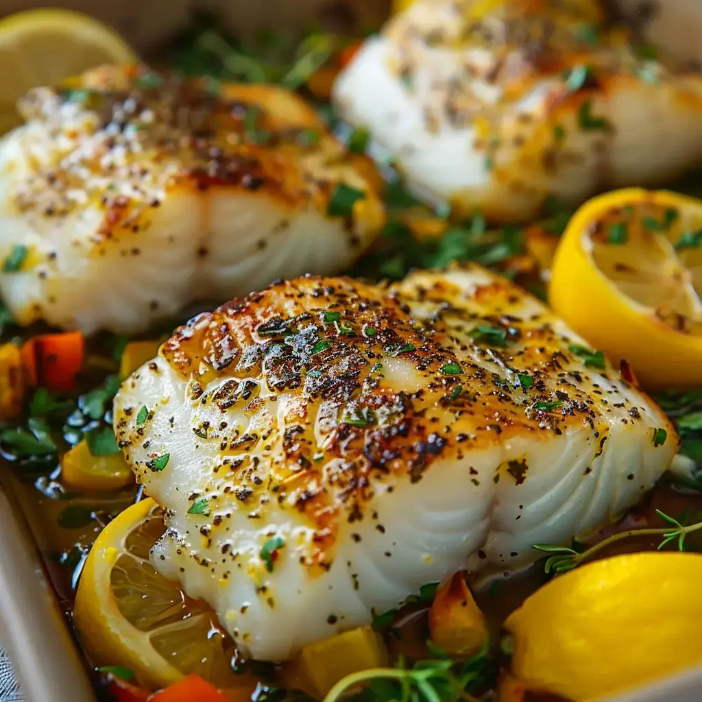 Filets de poisson au four avec du citron et des légumes frais.