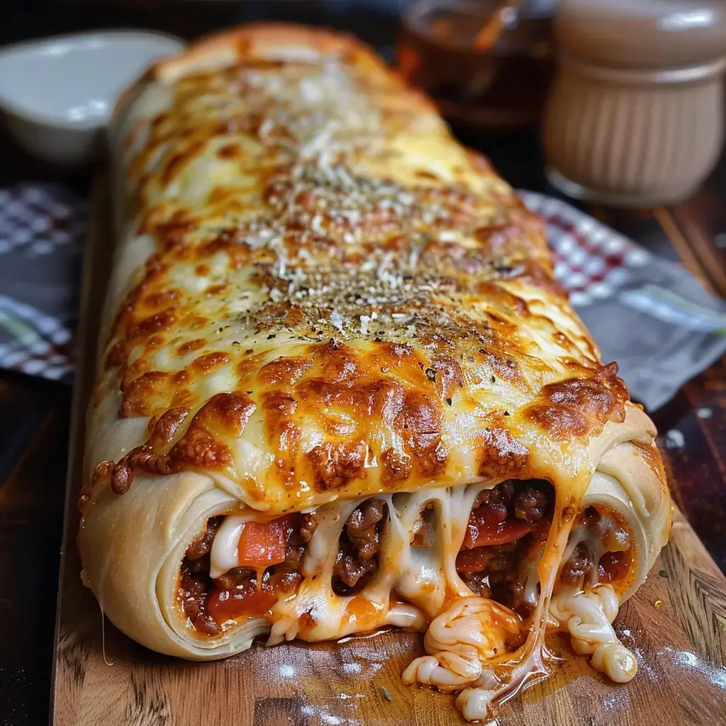 Un pain roulé au four garni de viande épicée et de fromage fondu, doré et appétissant.