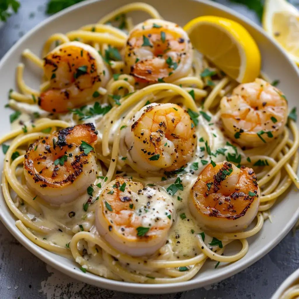 Des pâtes onctueuses aux fruits de mer et à l'ail, garnies de persil frais et accompagnées de rondelles de citron.