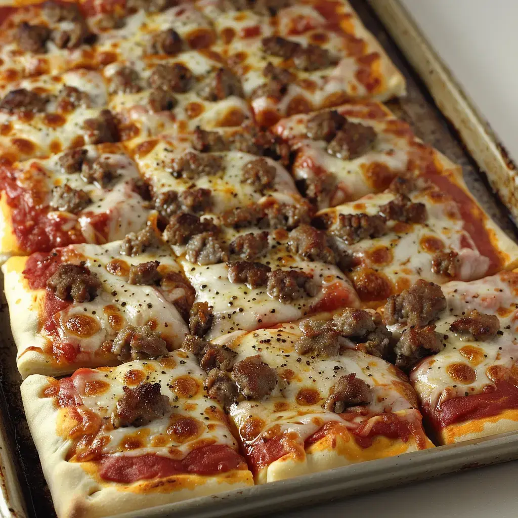 Pizza carrée garnie de sauce tomate, fromage fondu et viande hachée.