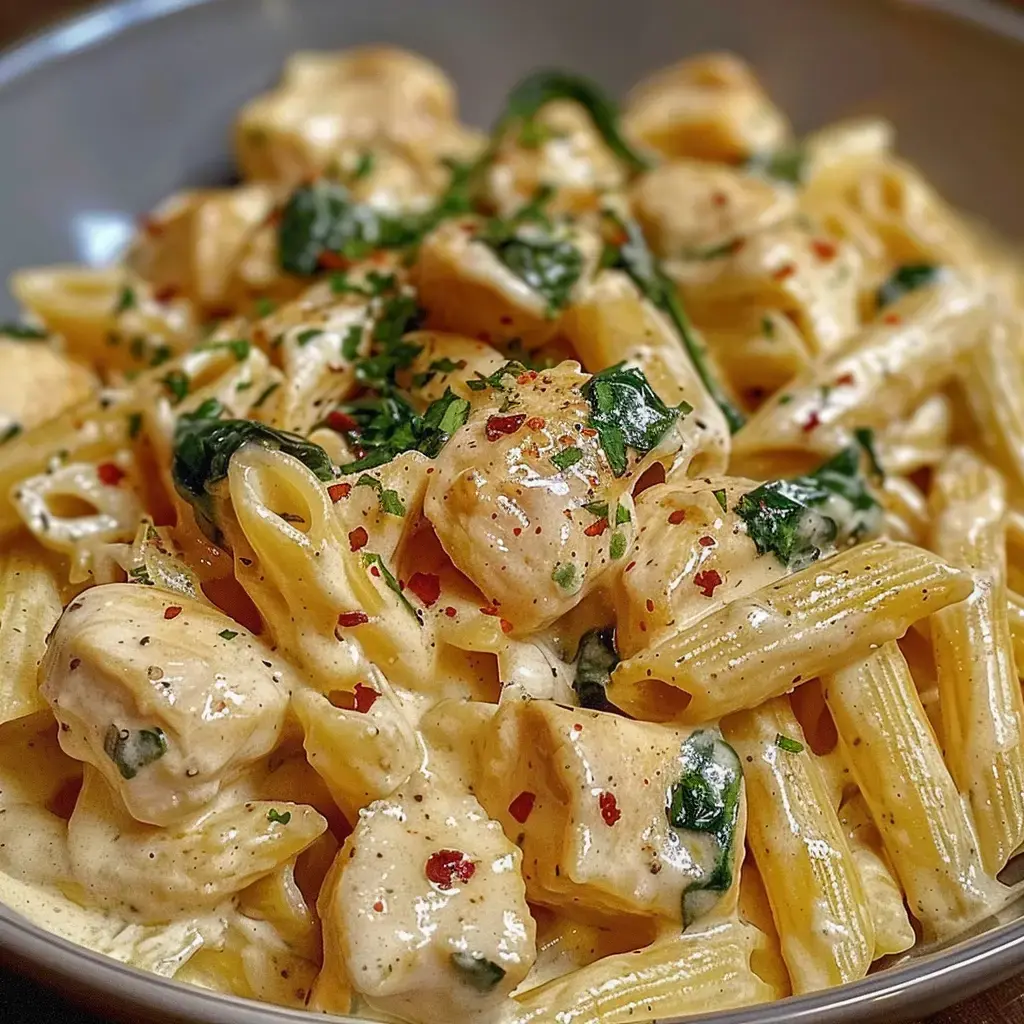 Pâtes onctueuses au poulet avec des épinards et un peu de piment.